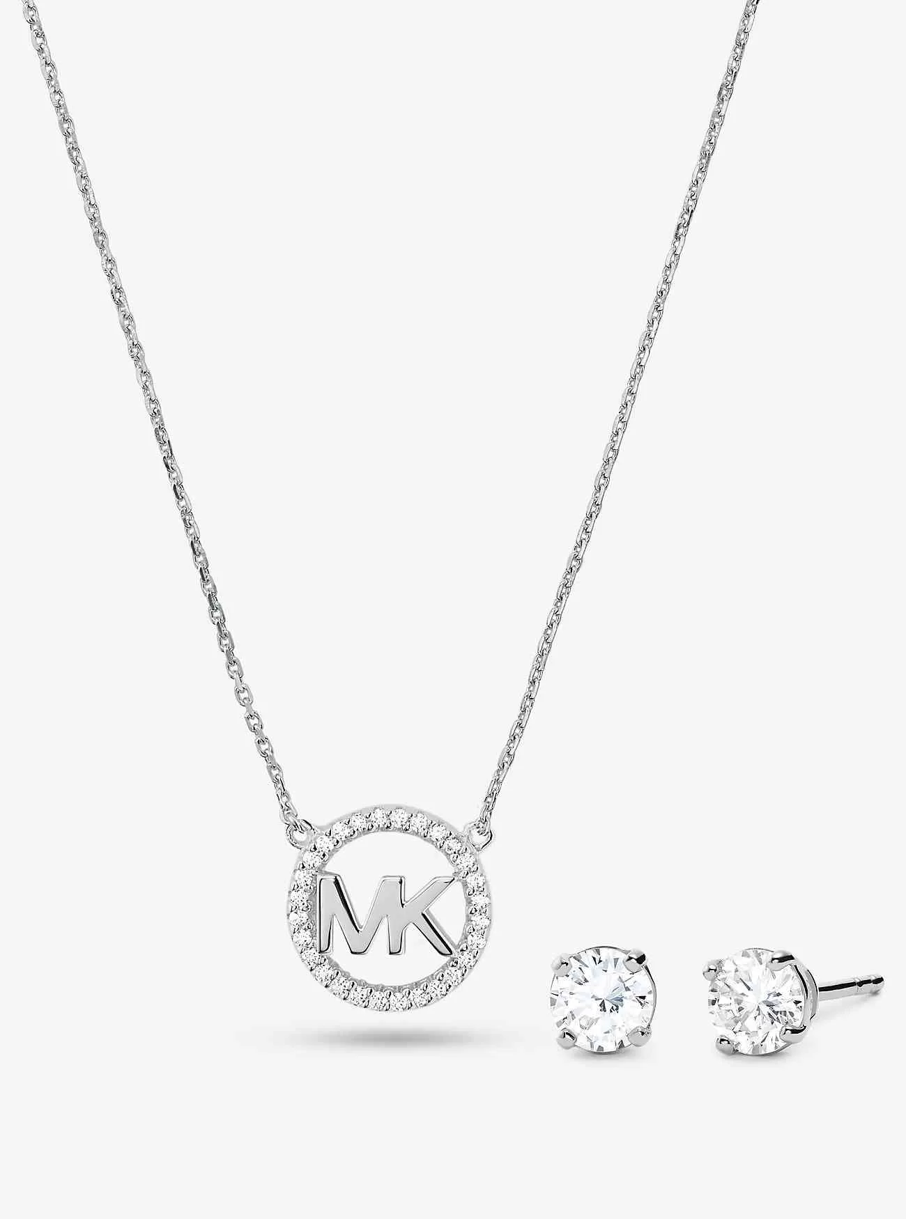 14K Rose Guldpläterad Sterling Silver Pavé Logotyp Charm Halsband och Stud örhängen Set