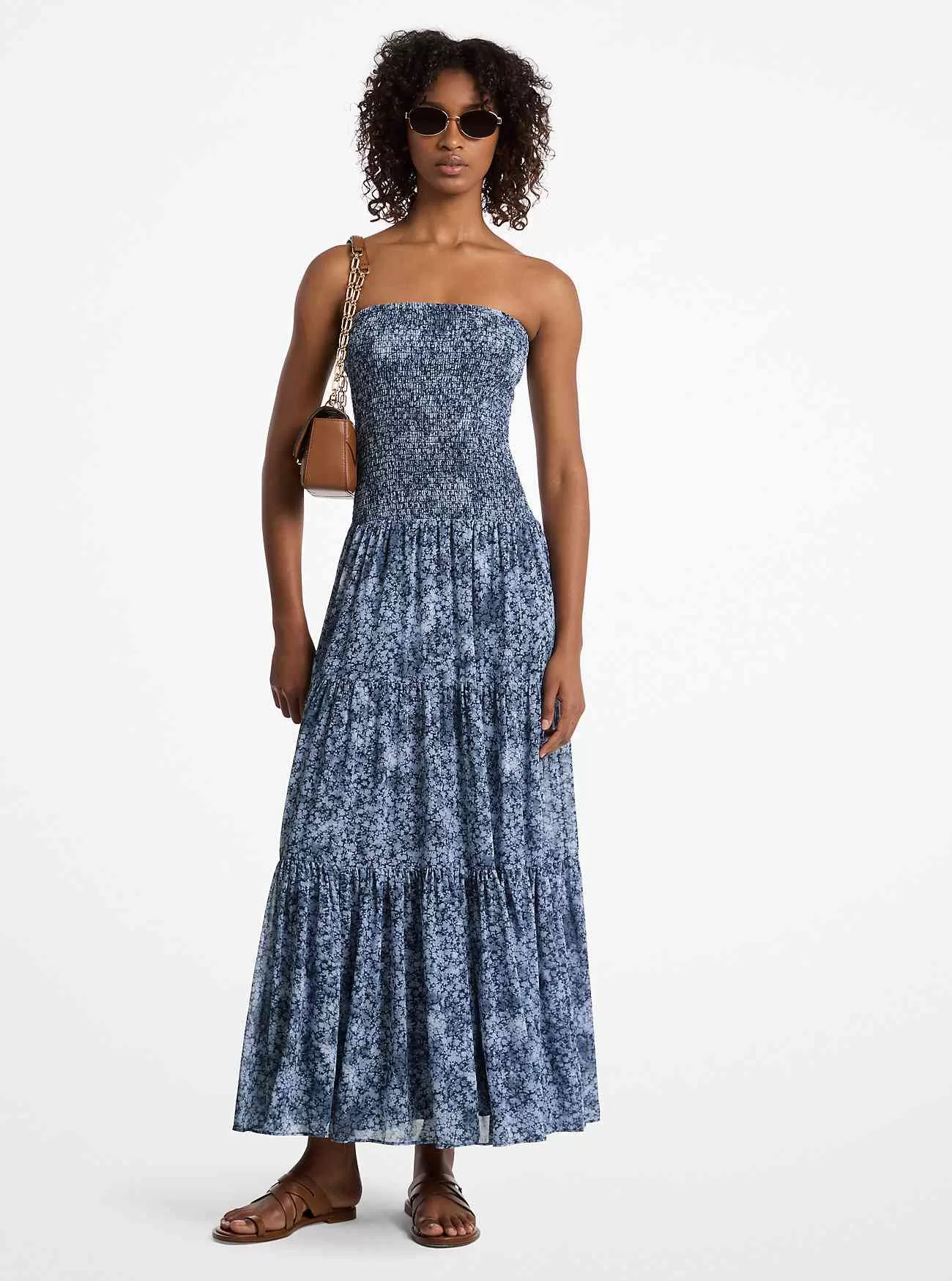 Blommönster Georgette Smocked Tiered Klänning