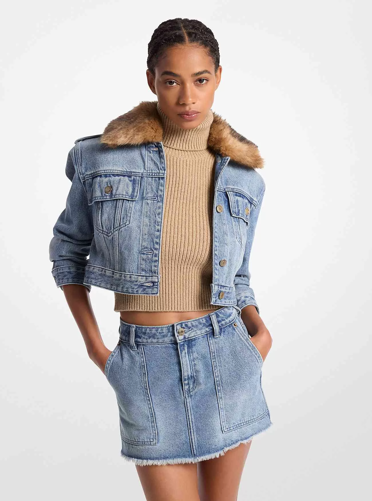 Denim Cropped Jacka med fuskpäls