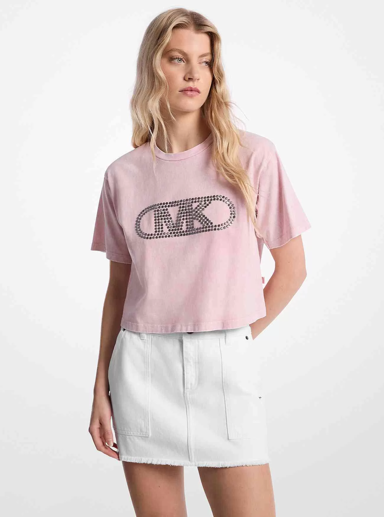 Dubbade plaggfärgad bomullsbeskuren T-shirt