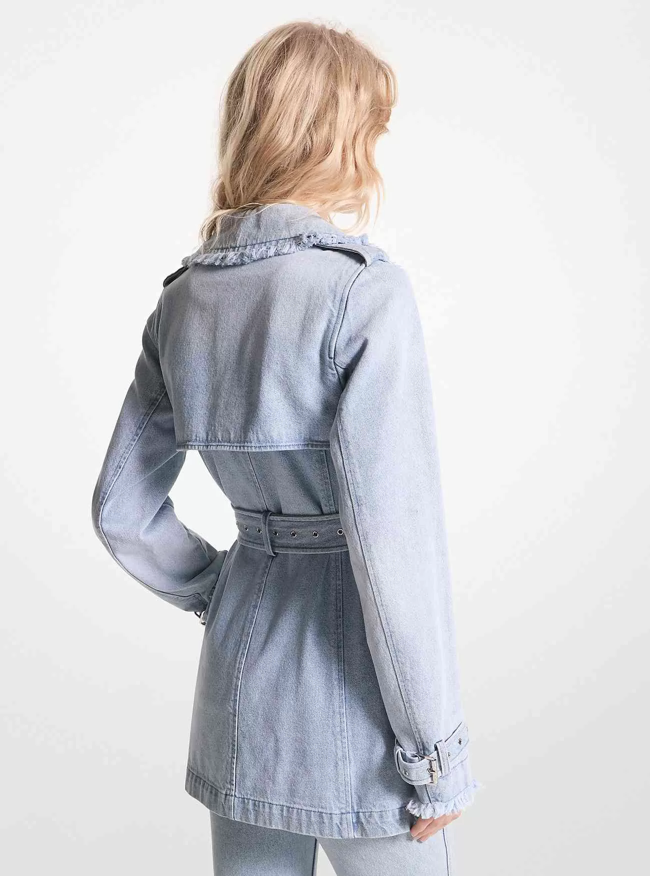 Frayed denim trenchcoat