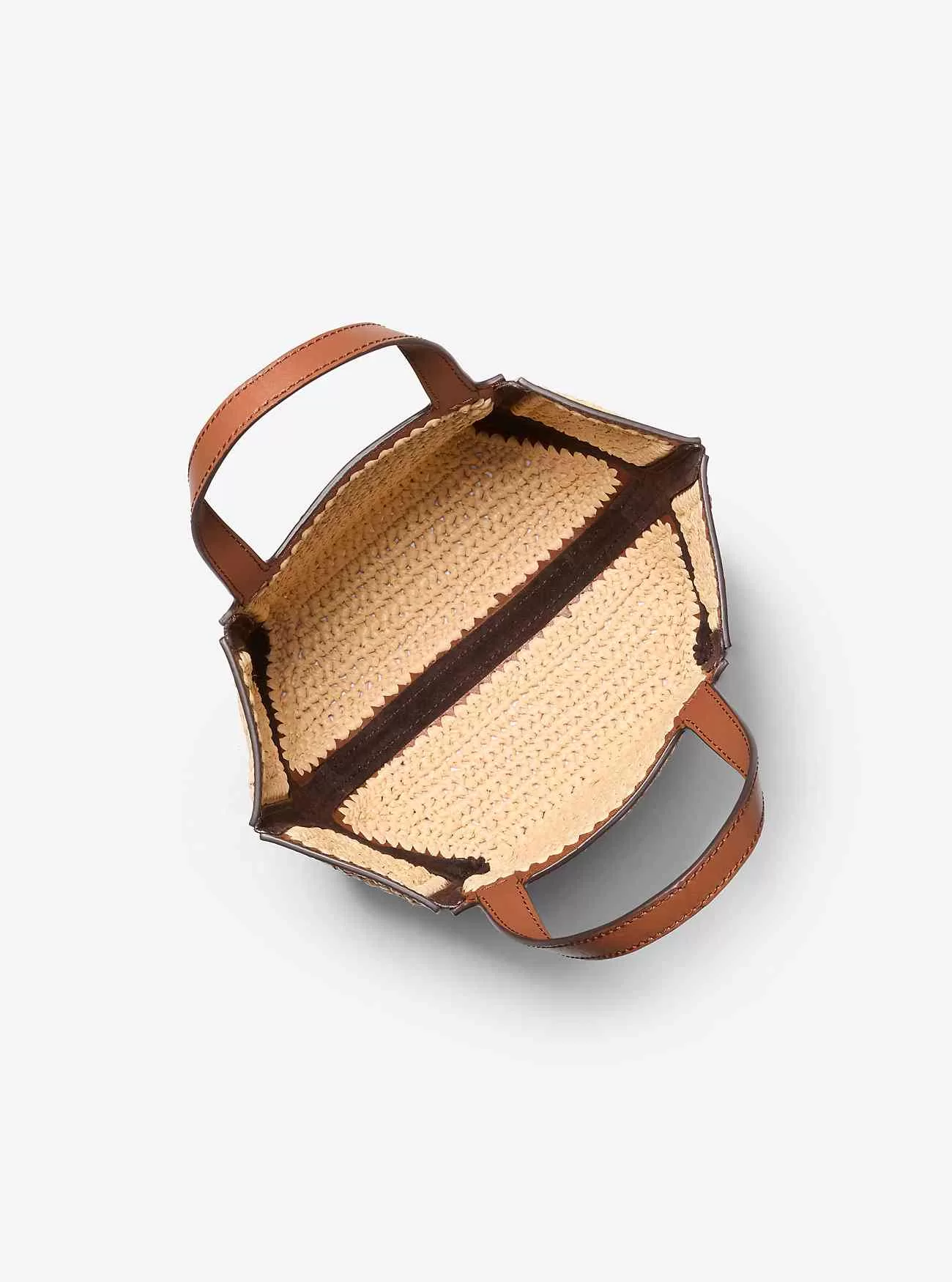 Jordi liten handvirkad tygväska med halm och läder