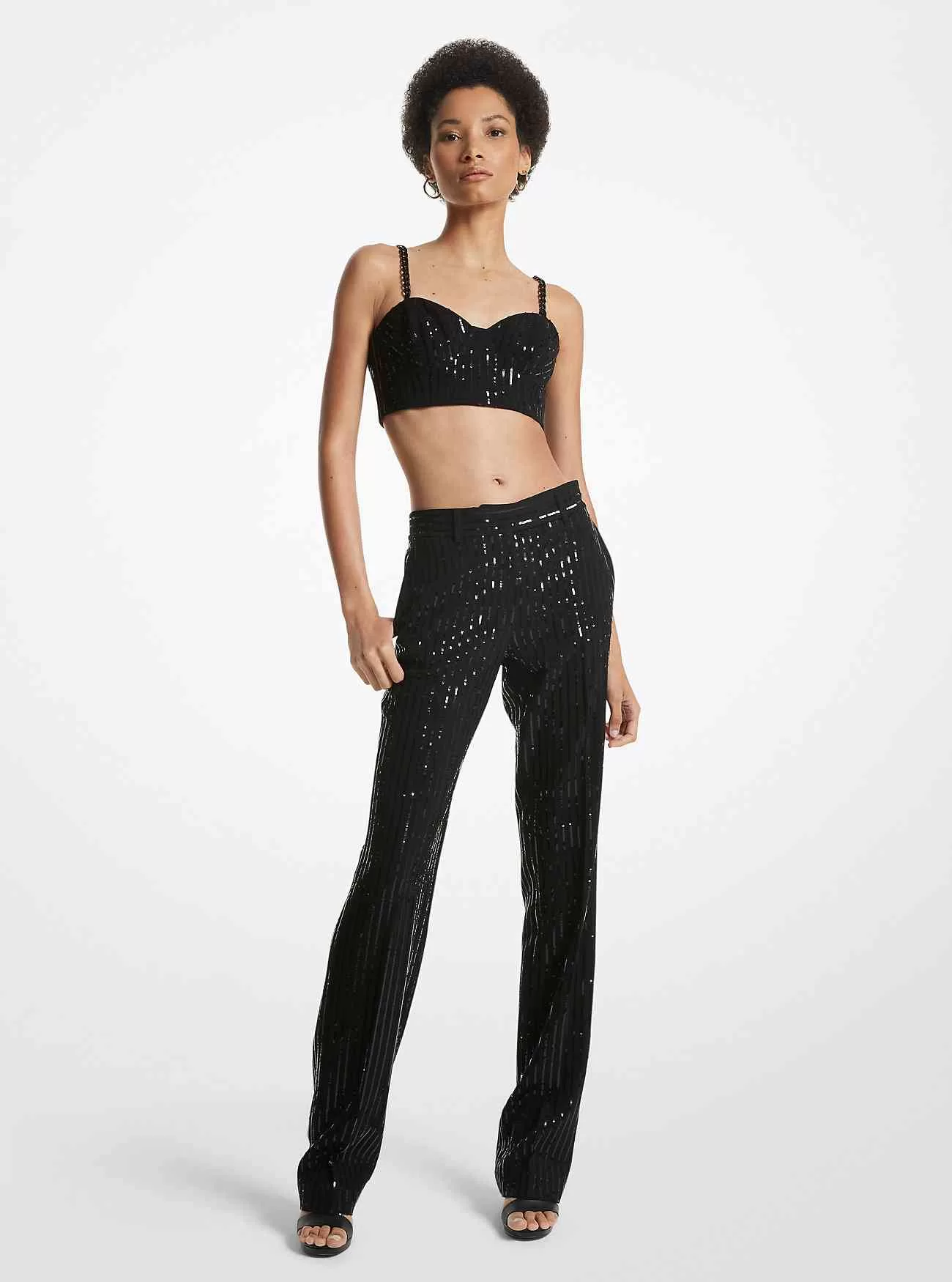 Pinstripe sequined Crepe byxor med raka ben