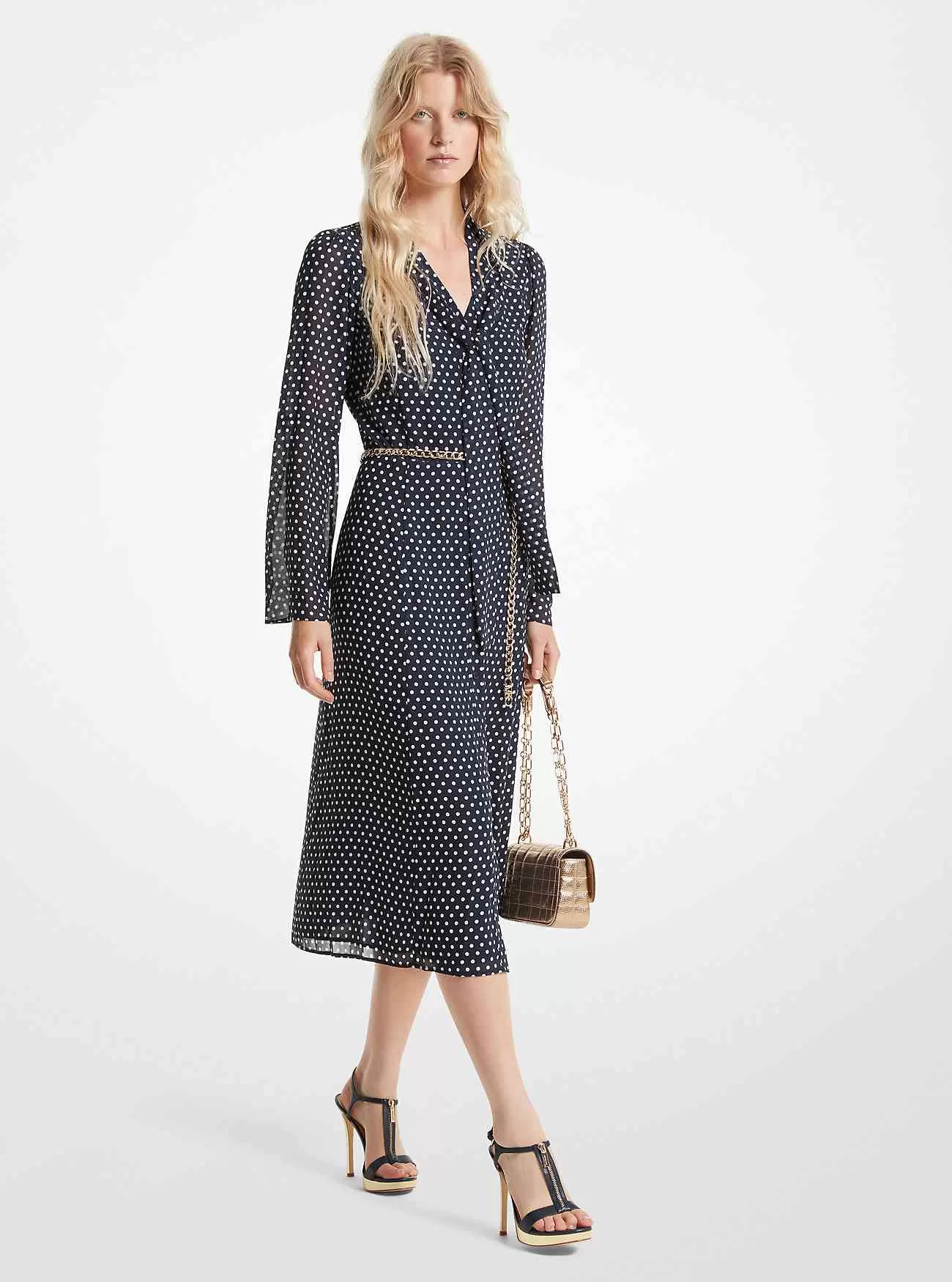 Polka Dot Georgette Midiklänning med knytringning