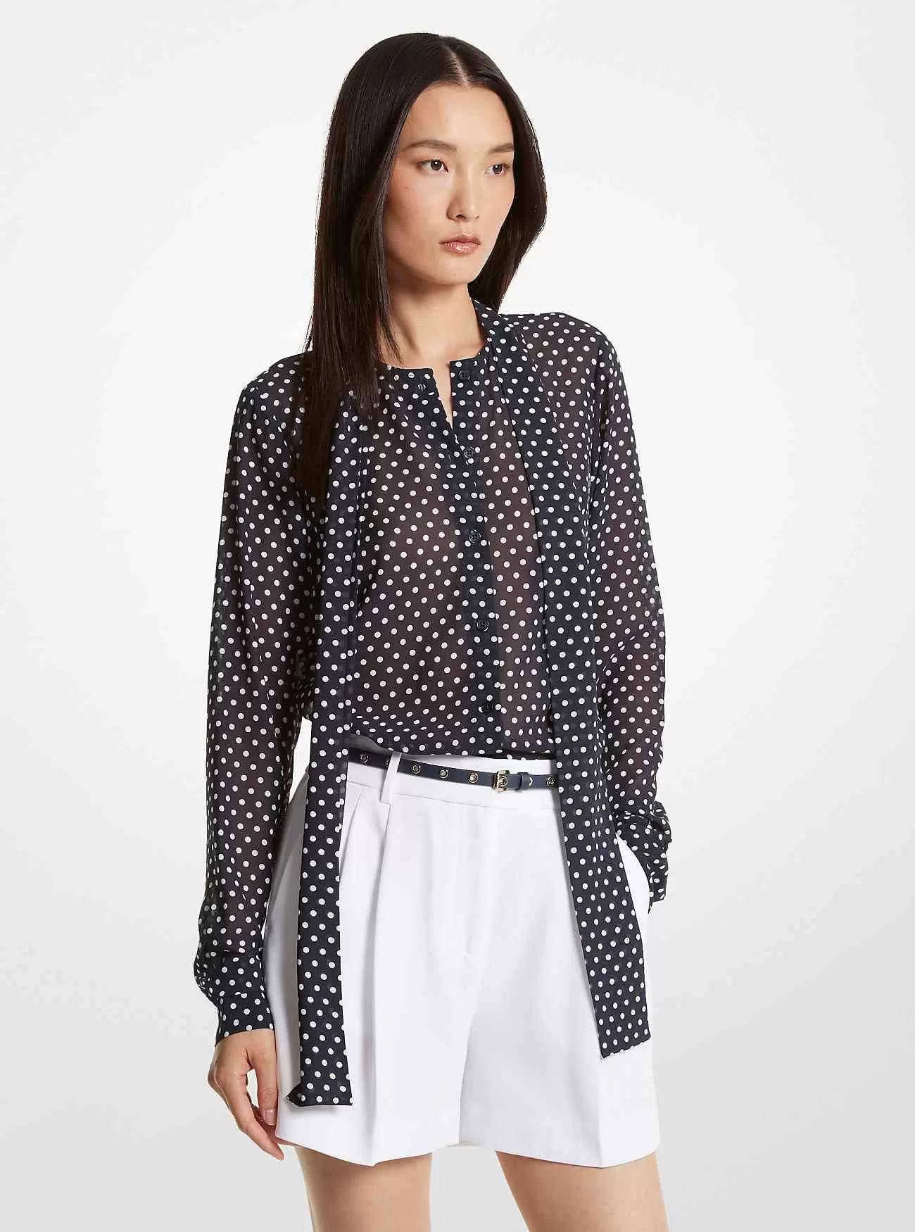 Polka Dot Georgette Tie-Neck Blus