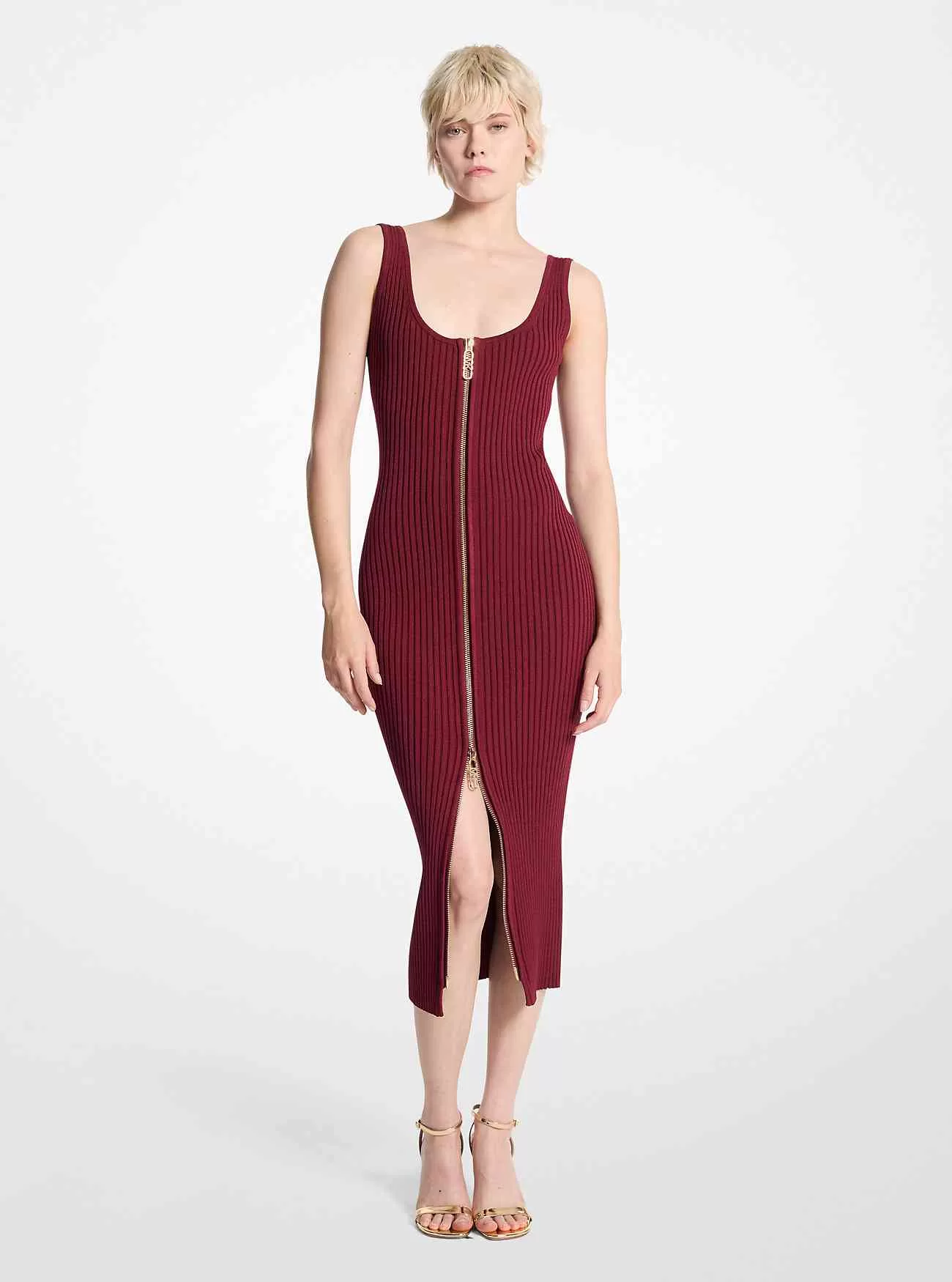 Ribbstickad Stretch Knit Zip Dress