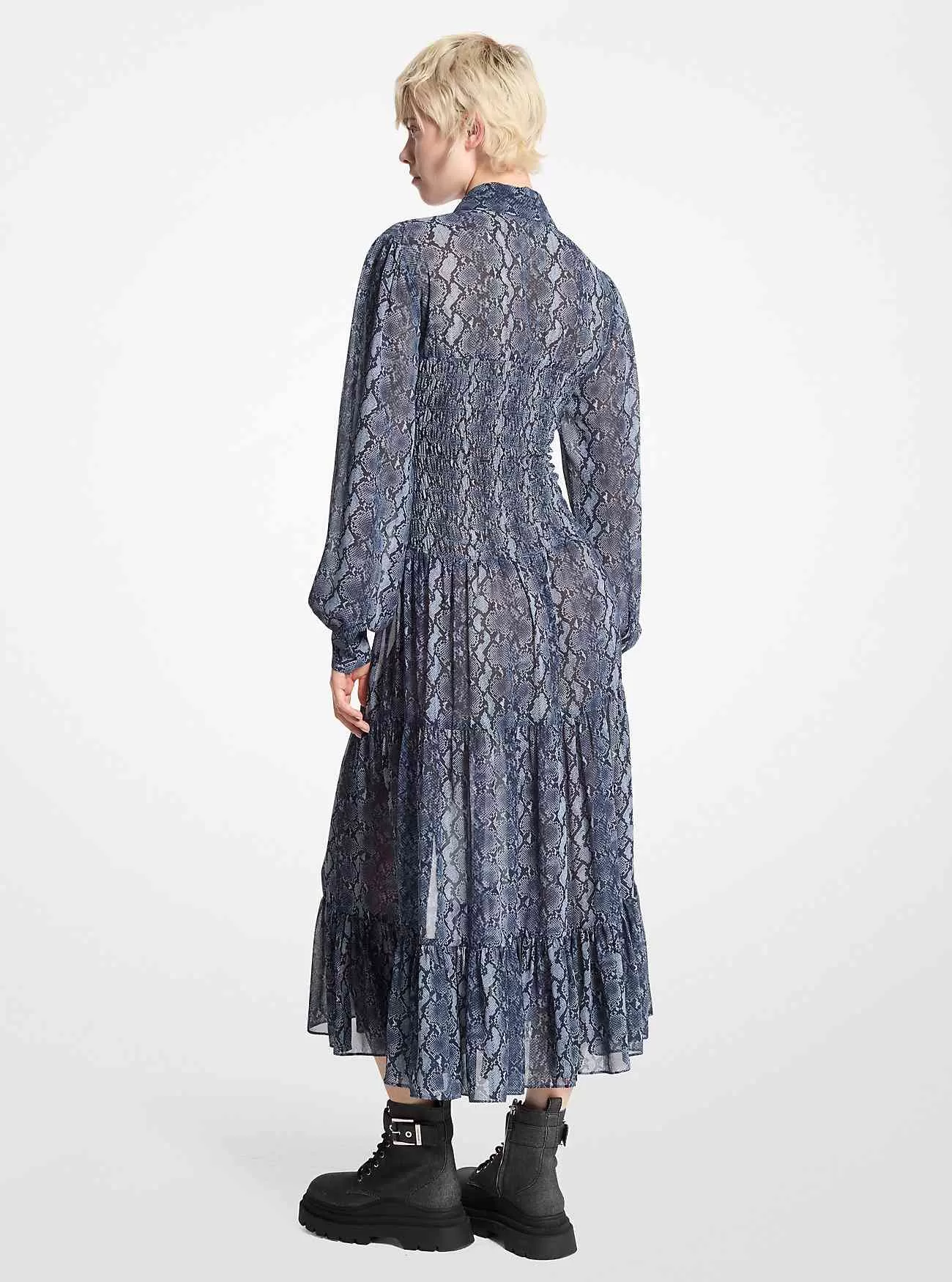 Snake Print Georgette Smocked Shirtdress