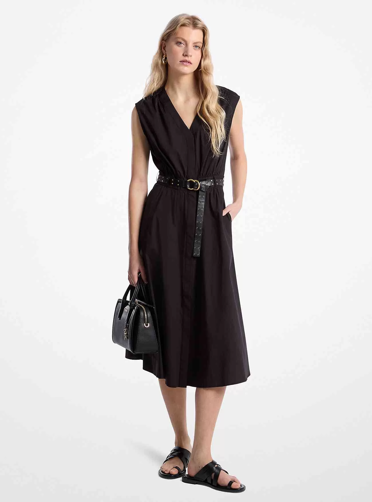 Stretch bomull Poplin midiklänning med bälte