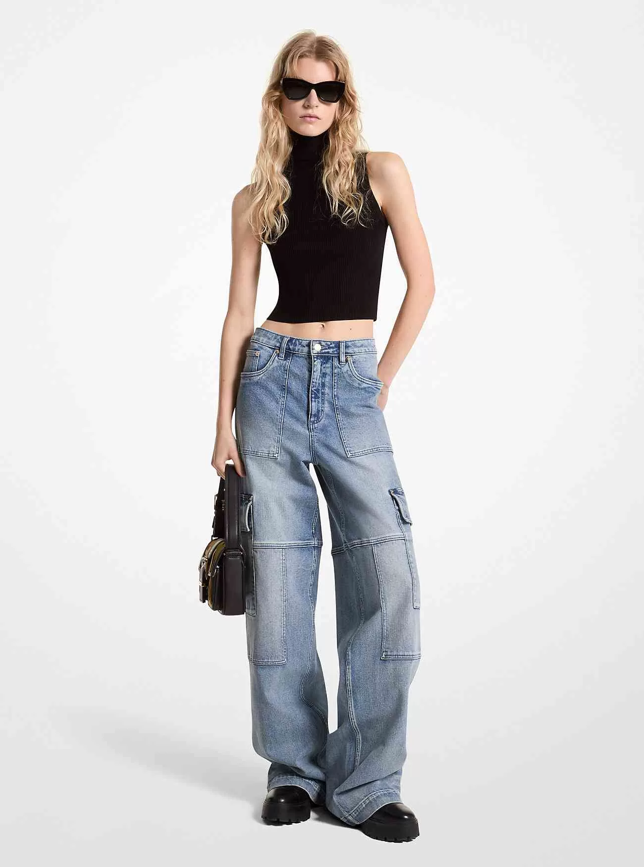 Stretch jeans med breda ben i denim