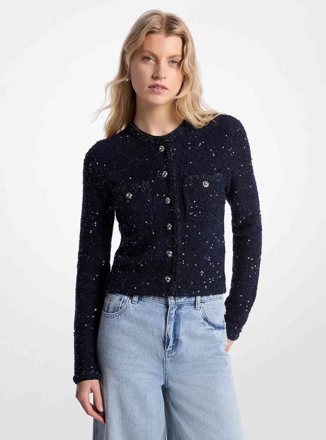 Stretchstickad metalljacka med paljetter