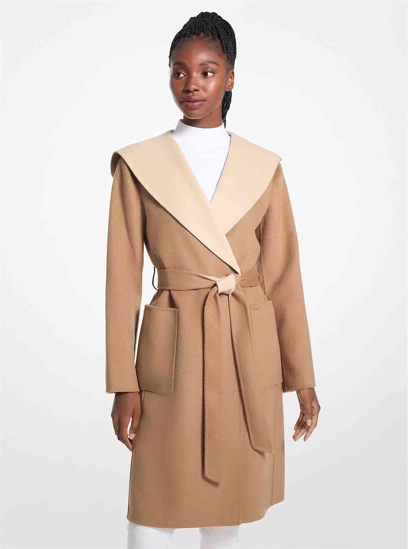 Tvåfärgad ullblandning omlott huvakappa